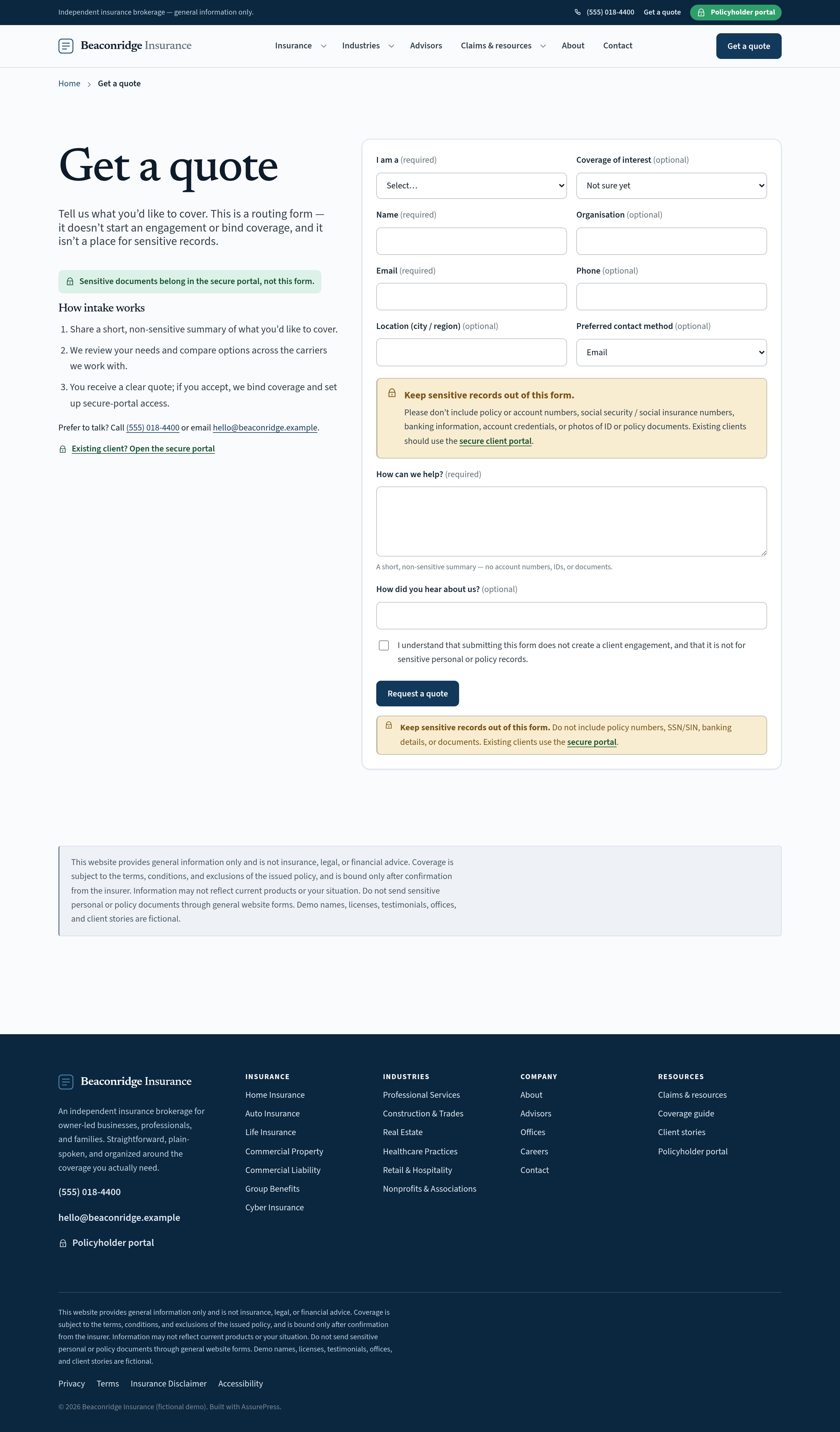 Quote request — native form with validation