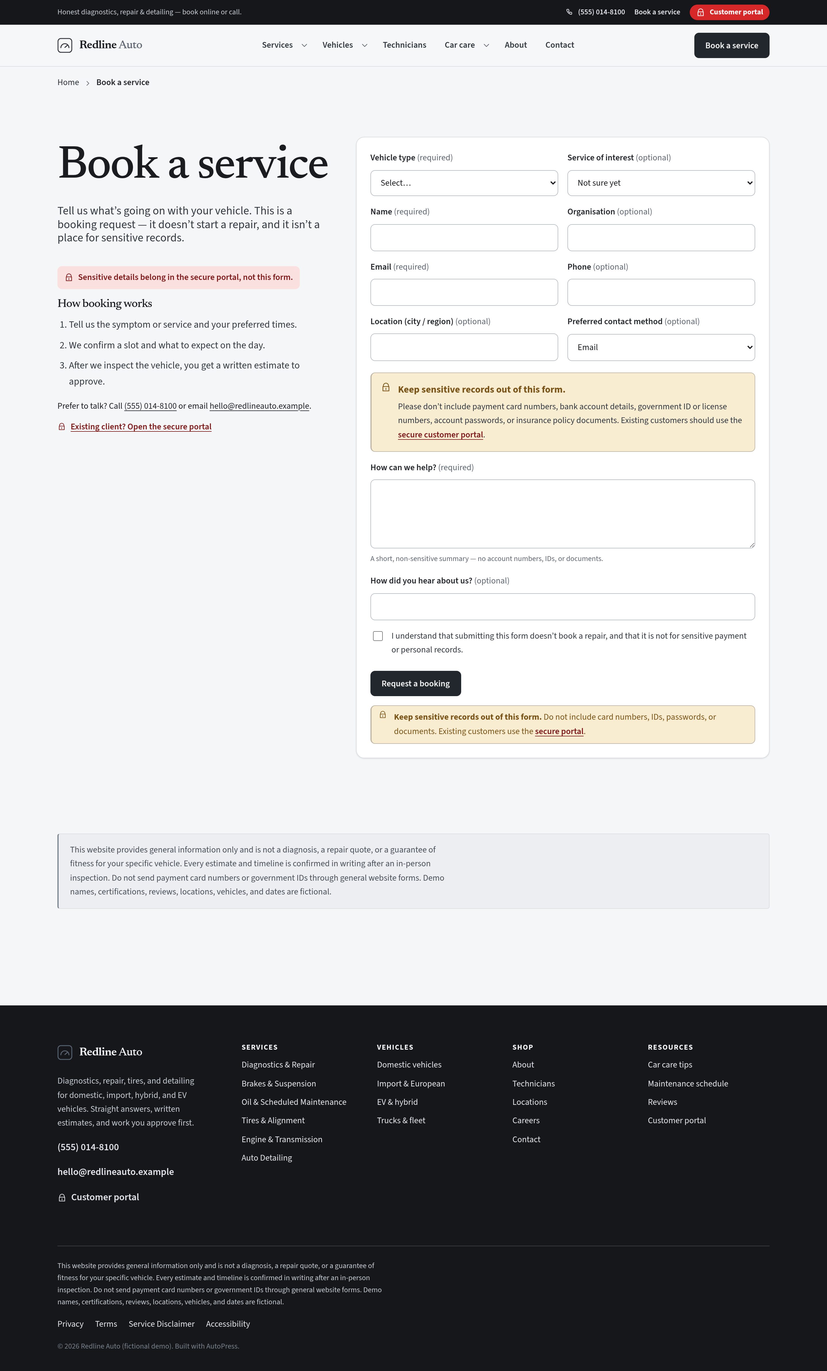 Book a service — native form, no invented prices