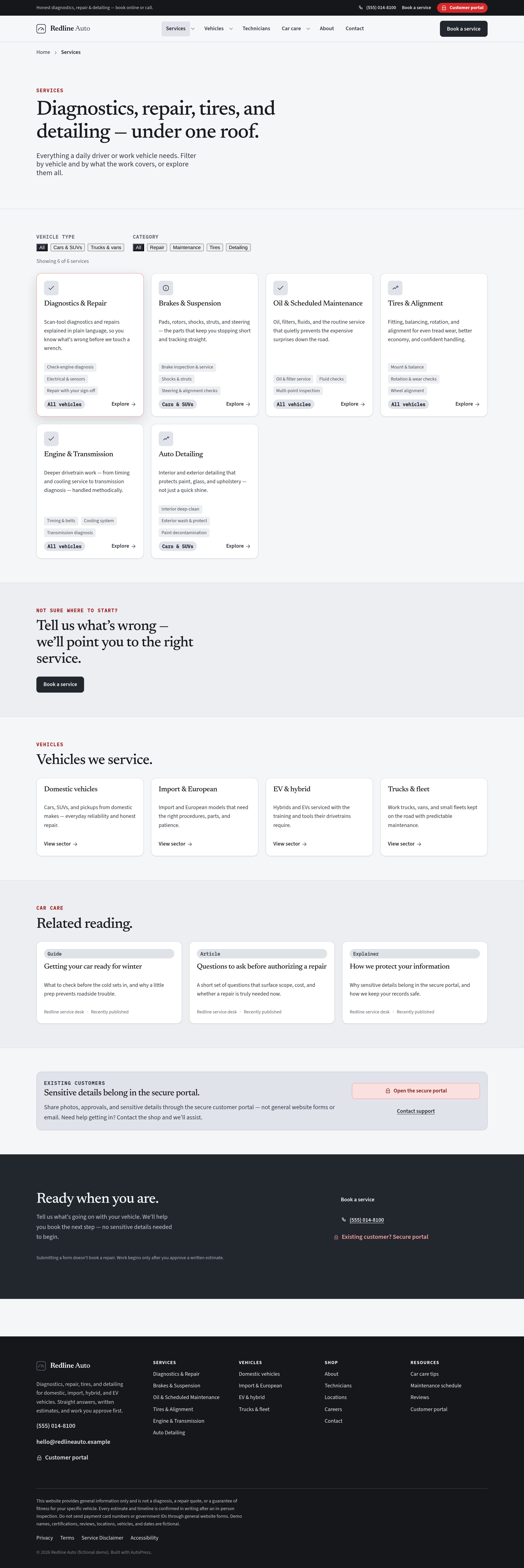 Services — diagnostics through detailing