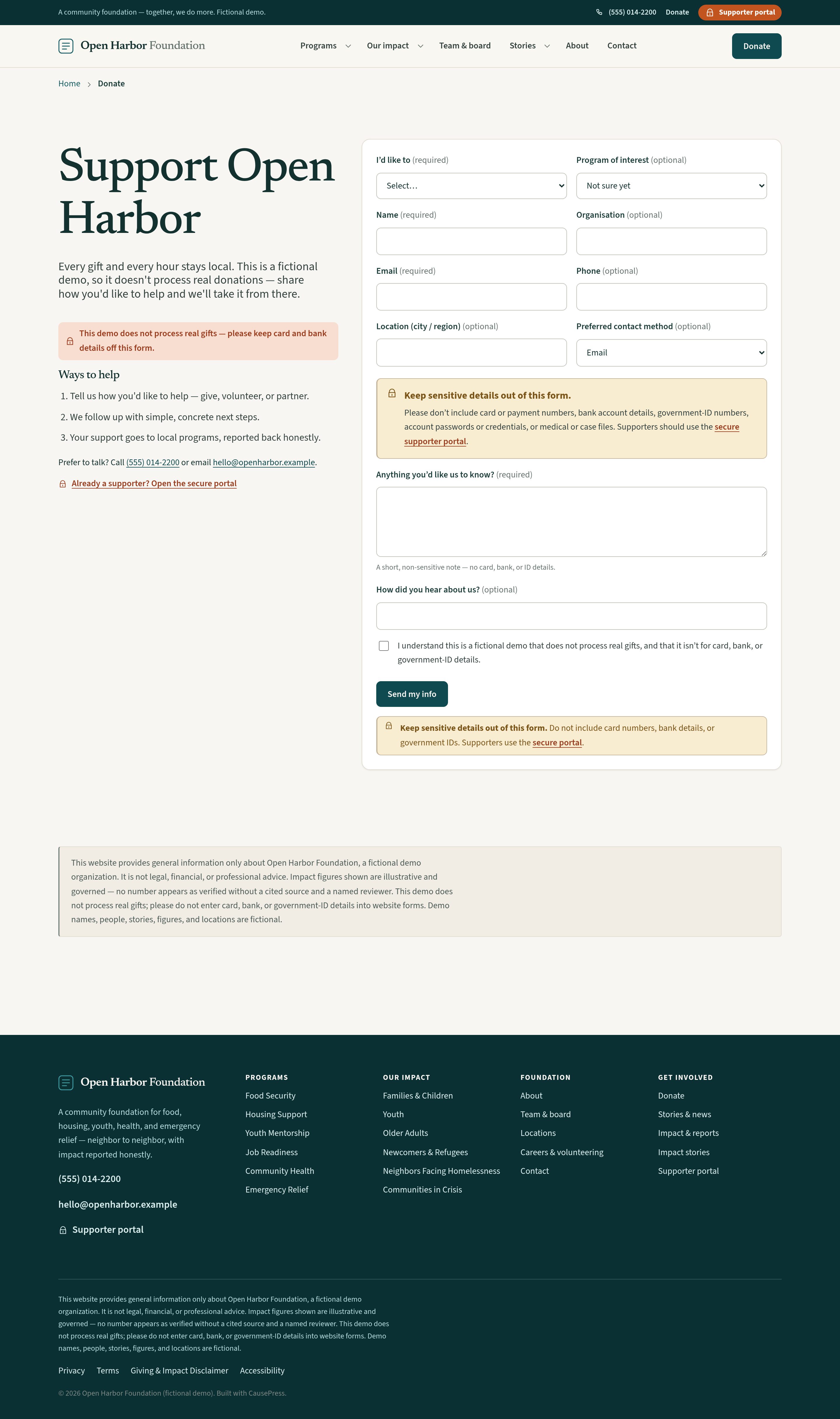 Donate — a demo interest form, no payment fields