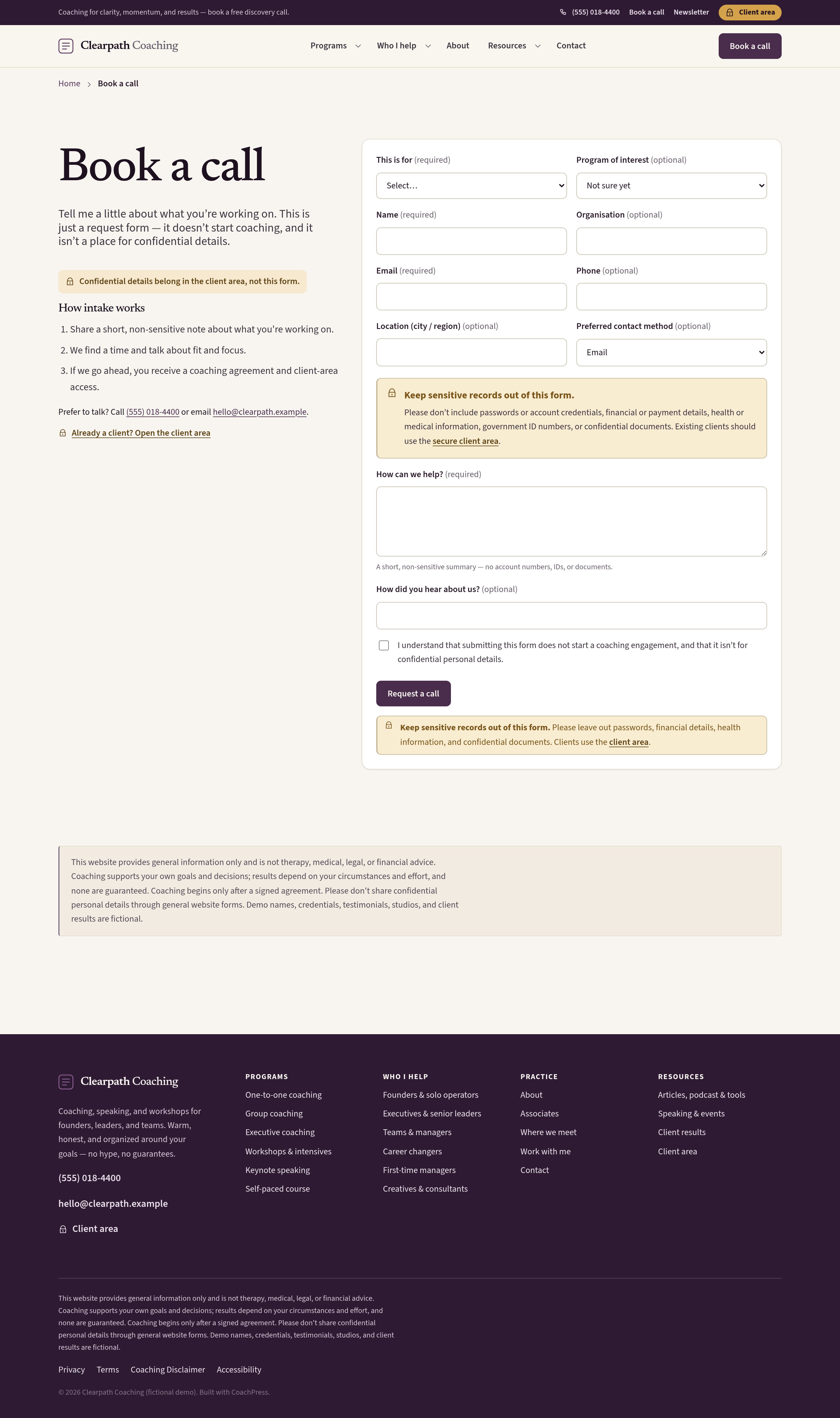 Book a call — native form, no income claims