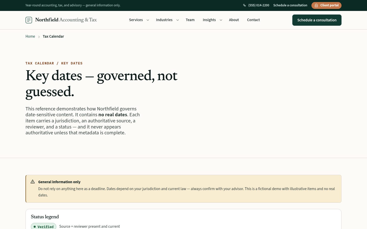 Tax Calendar — governed, fail-closed key dates