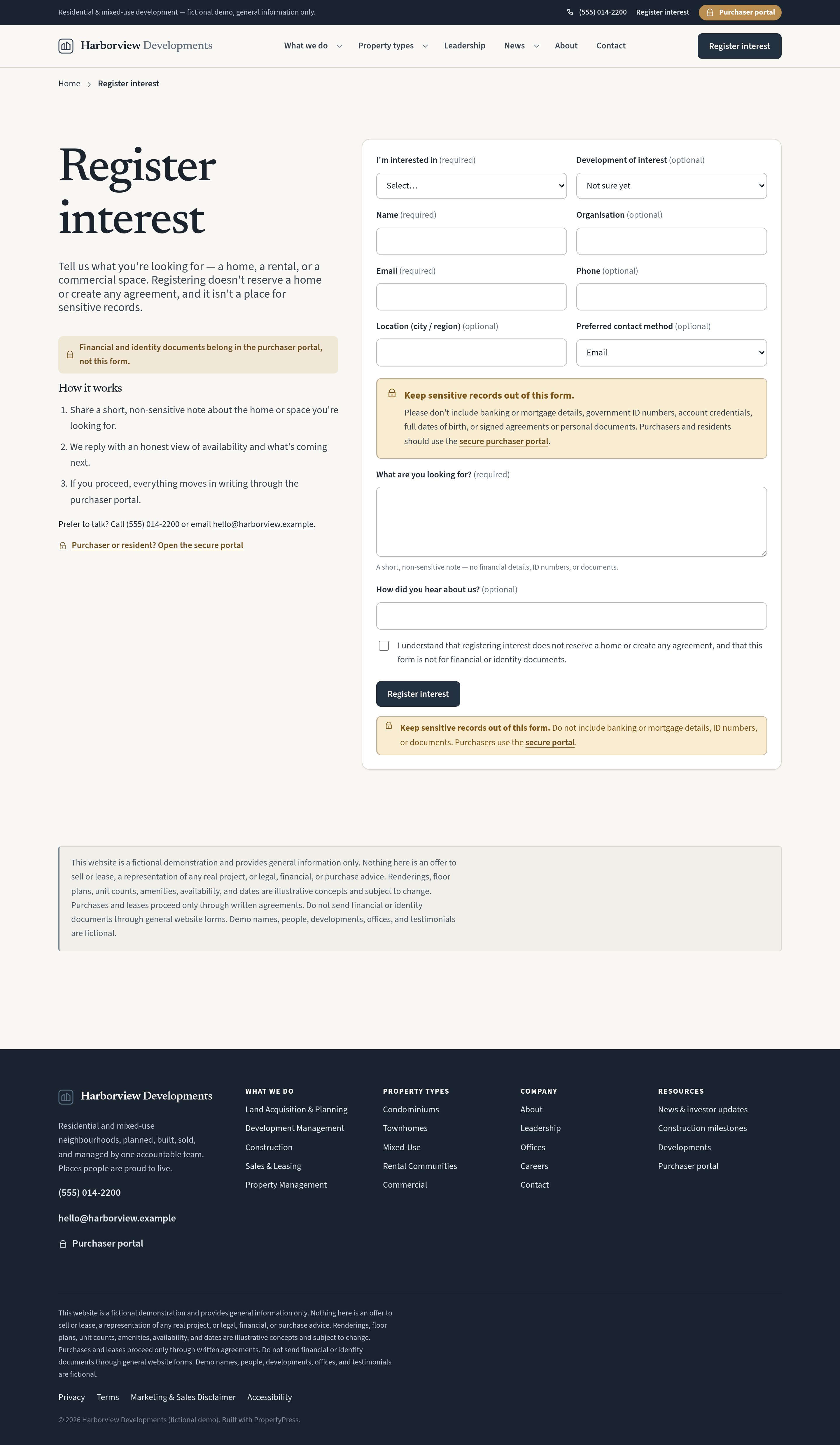 Register interest — native form with validation