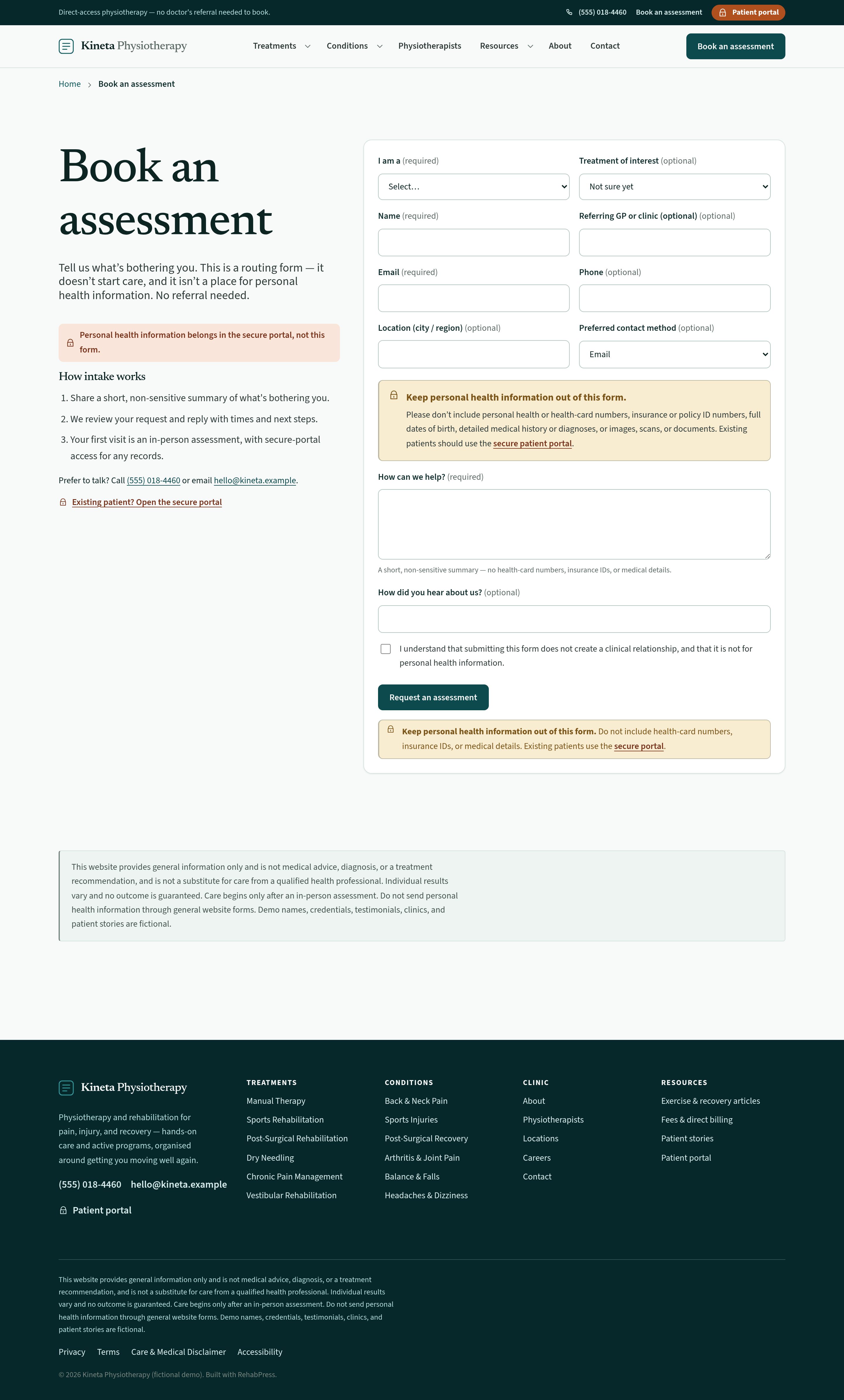 Book an assessment — native form, no referral needed