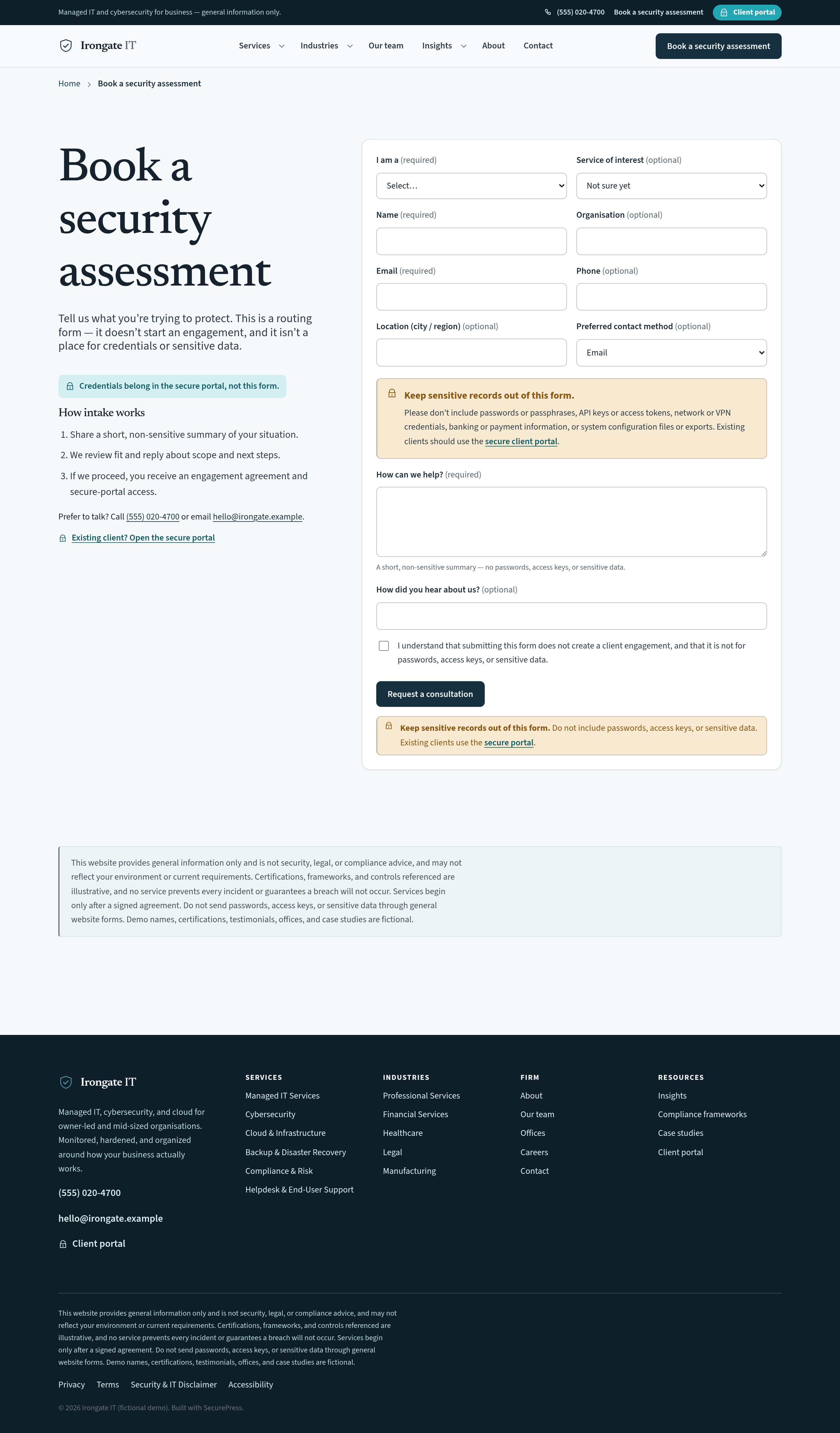 Book a security assessment — native form