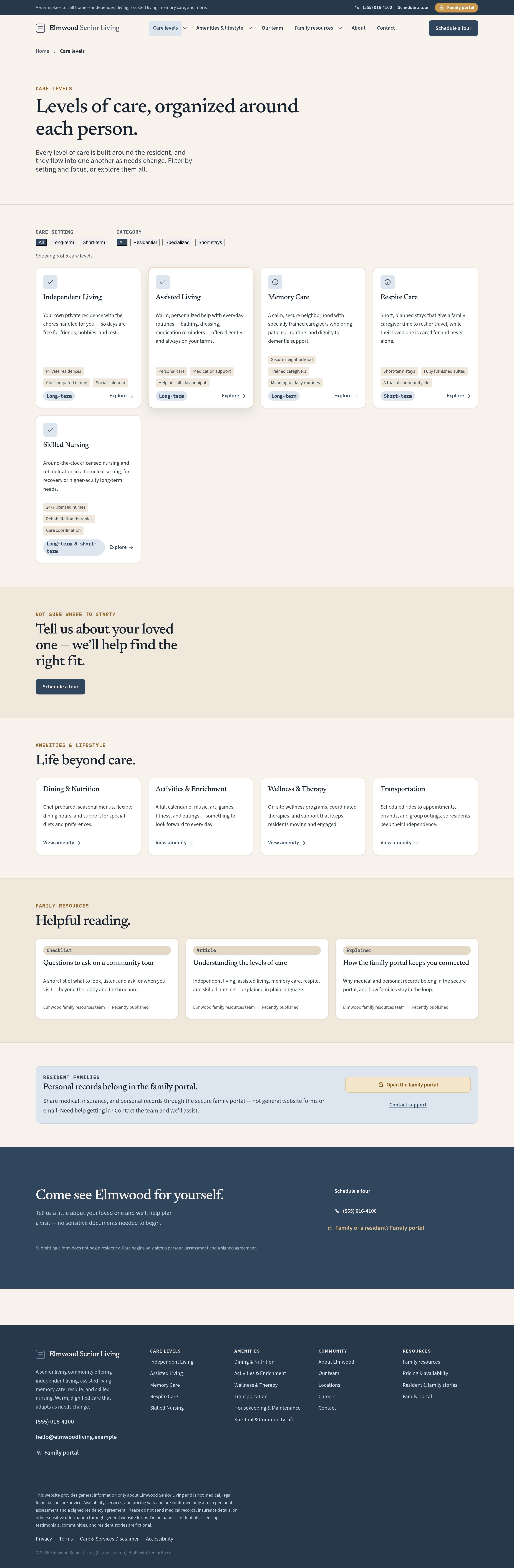 Care levels — independent through skilled nursing