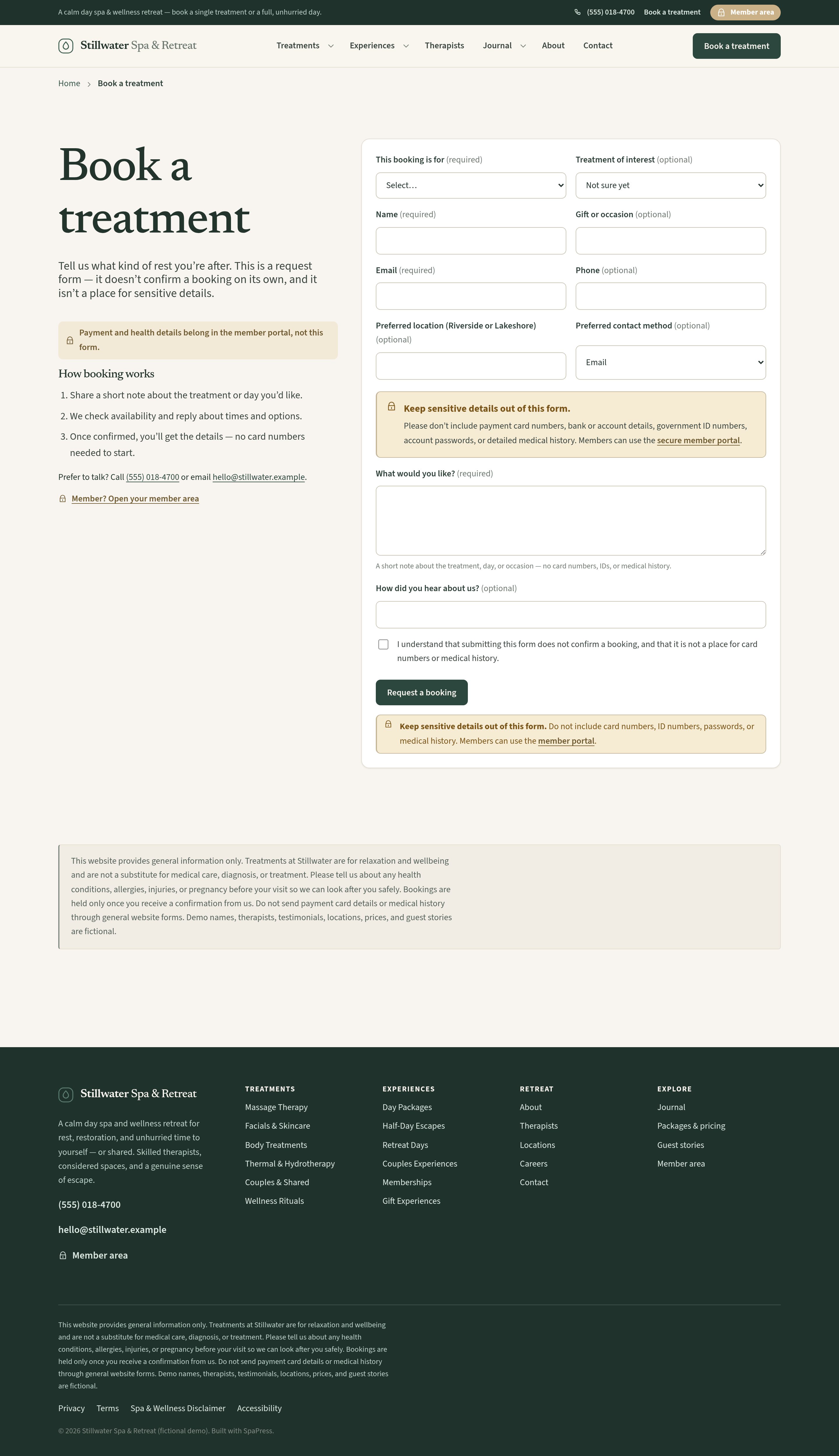 Book a treatment — native form, price at booking