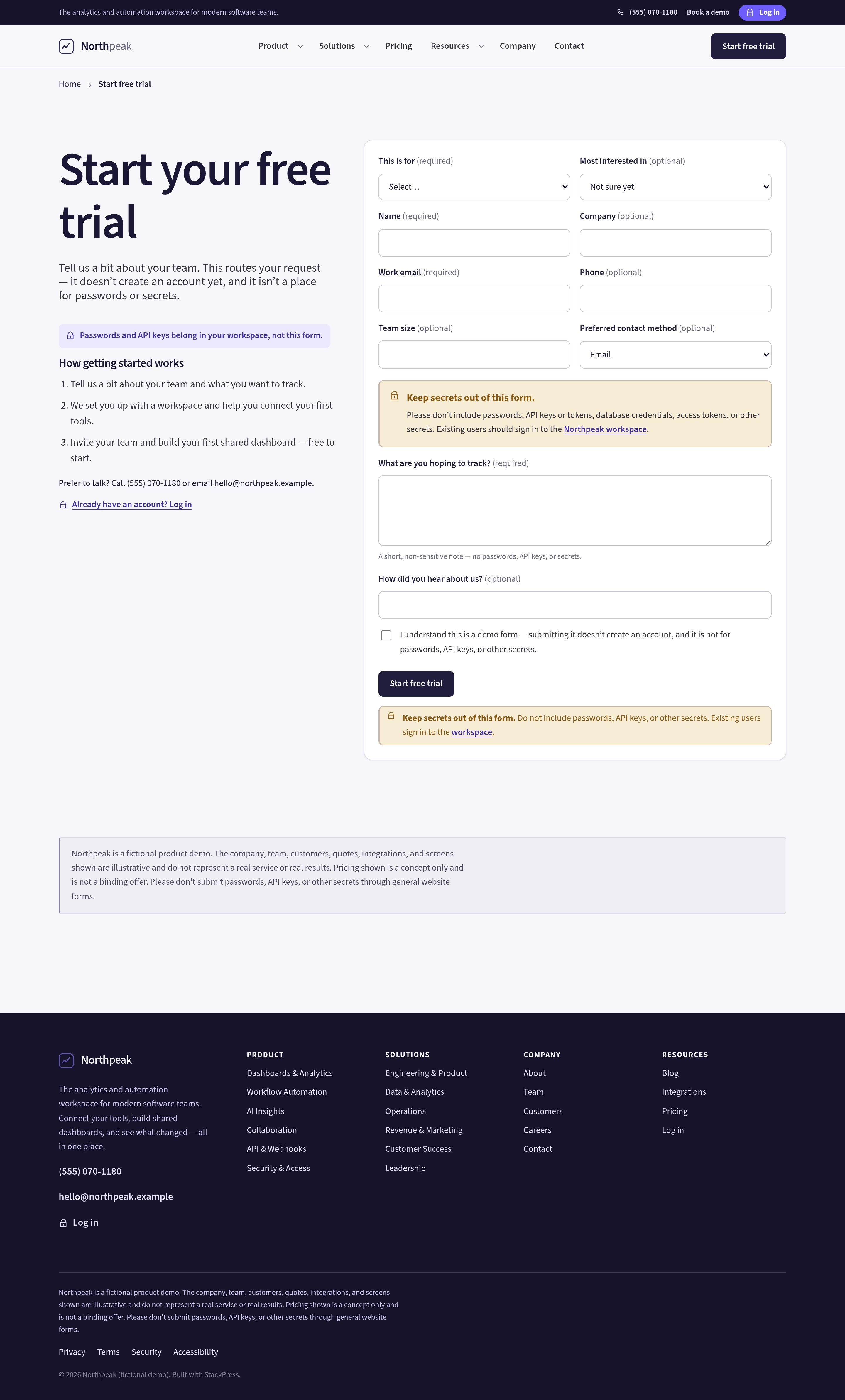 Start free trial — native signup form
