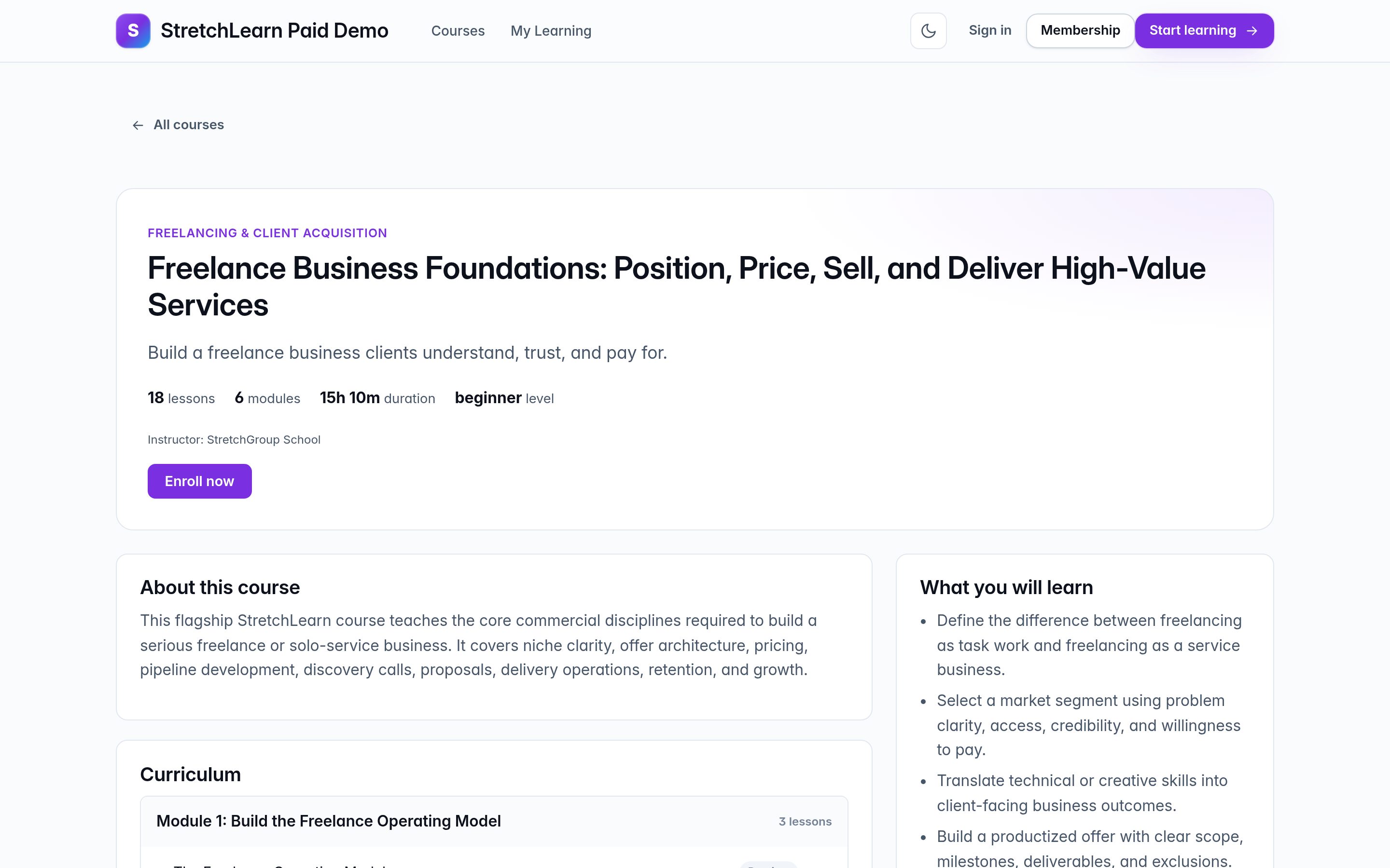 Course page — curriculum, enrollment, drip, and certificates
