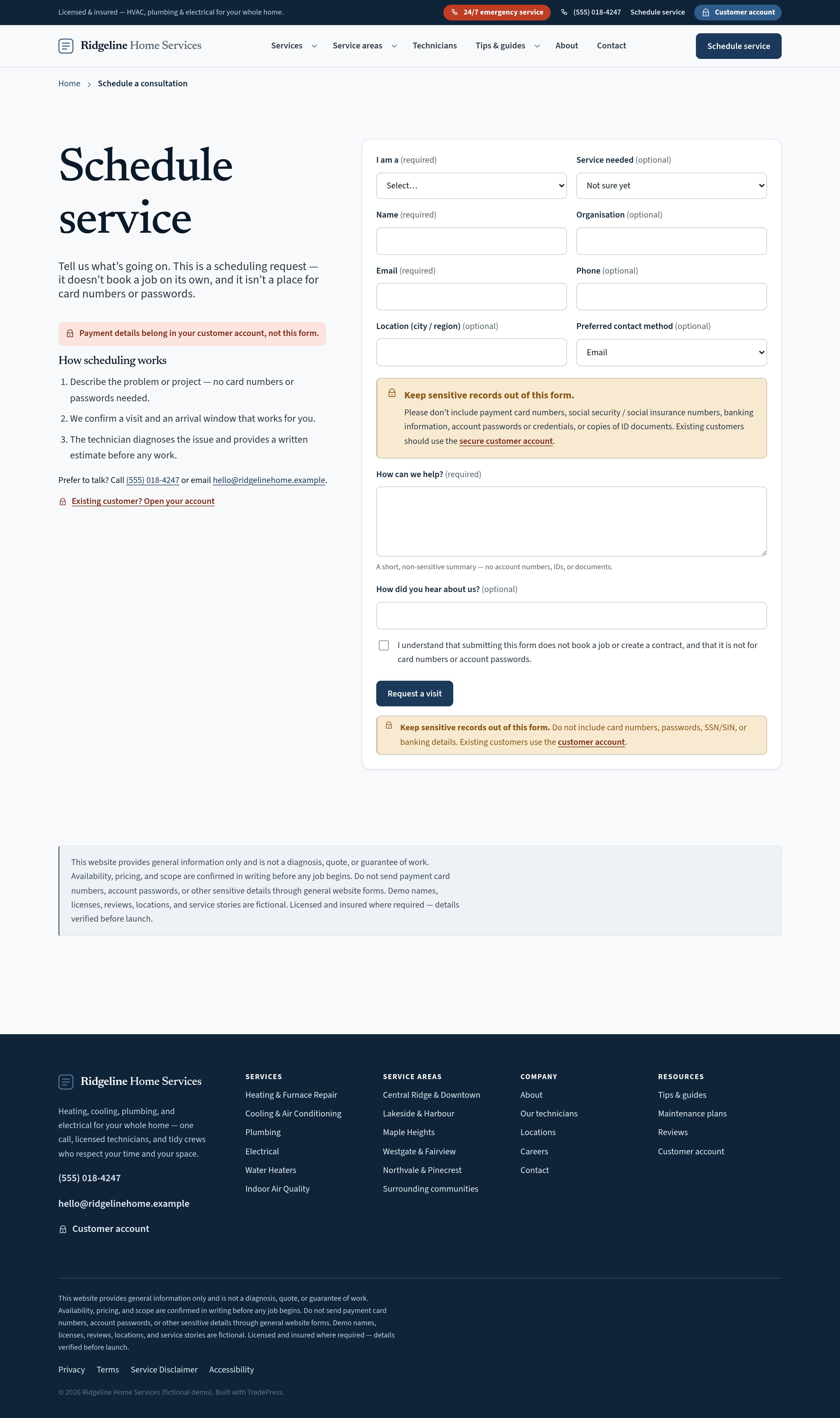 Schedule service — native form, 24/7 emergency